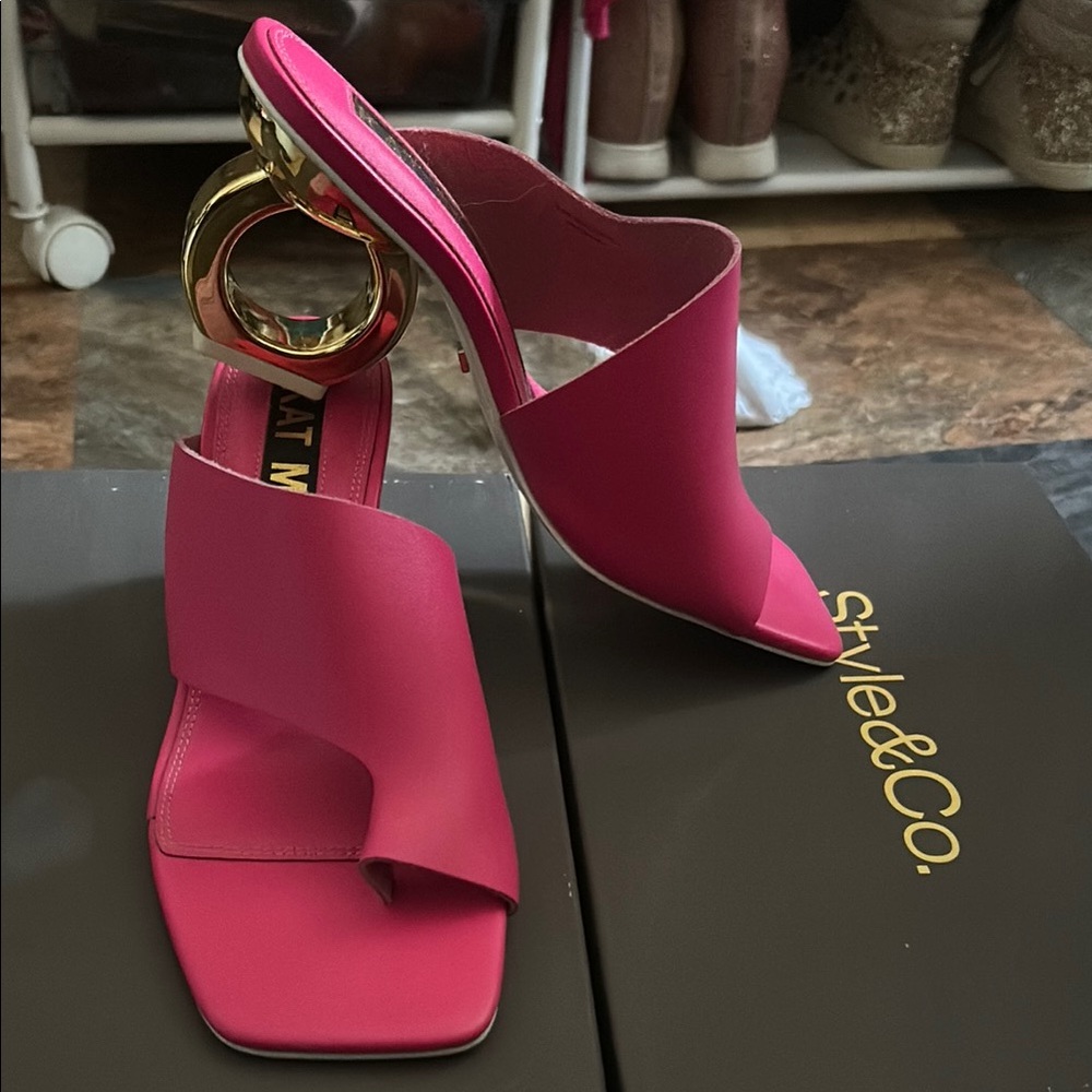 Vibrant Pink Sandals with Asymmetrical Cut and Gold Detail - never worn-